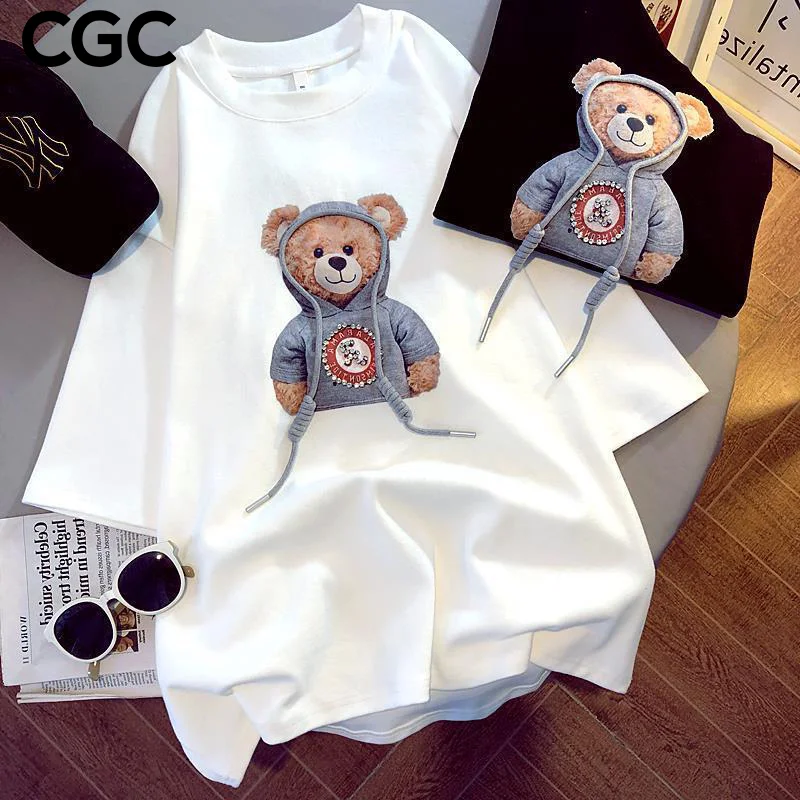 Cotton Woman T-Shirt Kawaii Bear Printing Fashion Korean Style Tees OverSize T-Shirt Short Sleeve Female Tops Summer T-Shirts