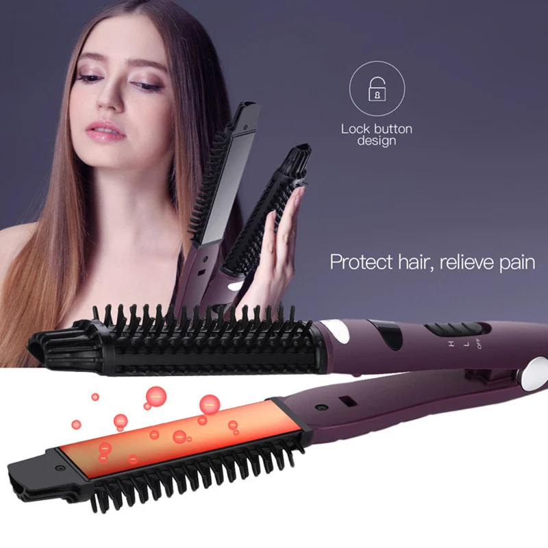 Portable 2 in 1 Ceramic Styler Hair Straightener & Curling Iron Hair Wand Brush Iron Ionic Ceramic Volumize Flat Irons Comb