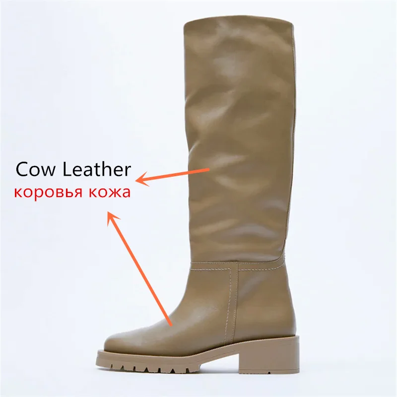 2024 ZA New Fashion Full Genuine Leather Boots Women Slip On Knee High Boots Autumn Winter Straight Knight Botas Size 34-43