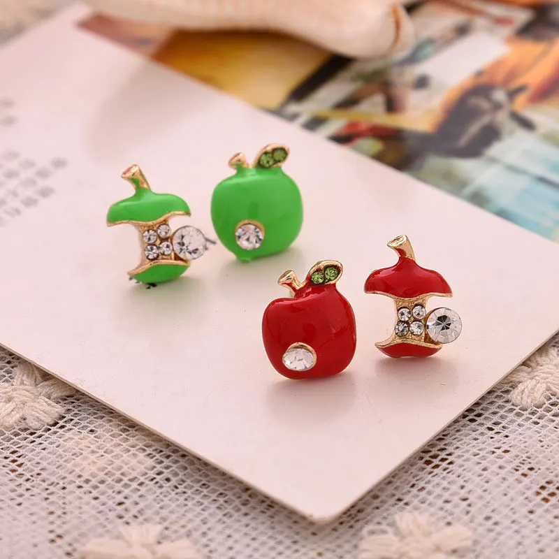 Cute Apples Earrings Women Red Green Asymmetric Rhinestone Apple Shaped Earrings Creative Crystal Women Gift Ear Accessories