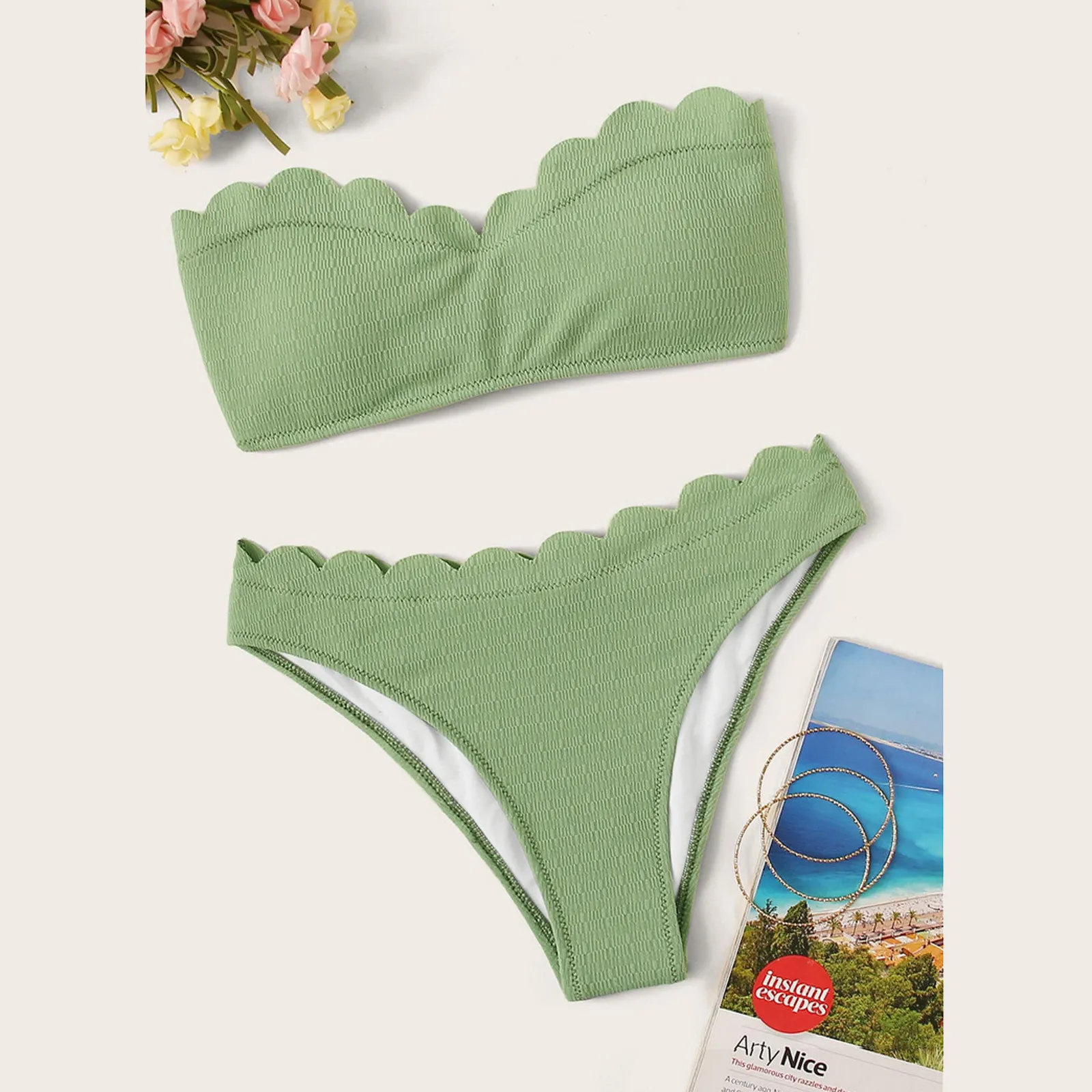 Falisty frędzlami damski strój kąpielowy krzyż bikini Bandeau zestaw Pure Color dwuczęściowy strój kąpielowy Split plażowe stroje kąpielowe купалник