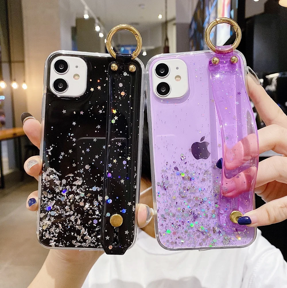 Luxury Glitter Transparent Phone Case For Vivo Y76s Wristband Stand Epoxy Soft Shockproof Bumper Back Cover For Vivo Y74s