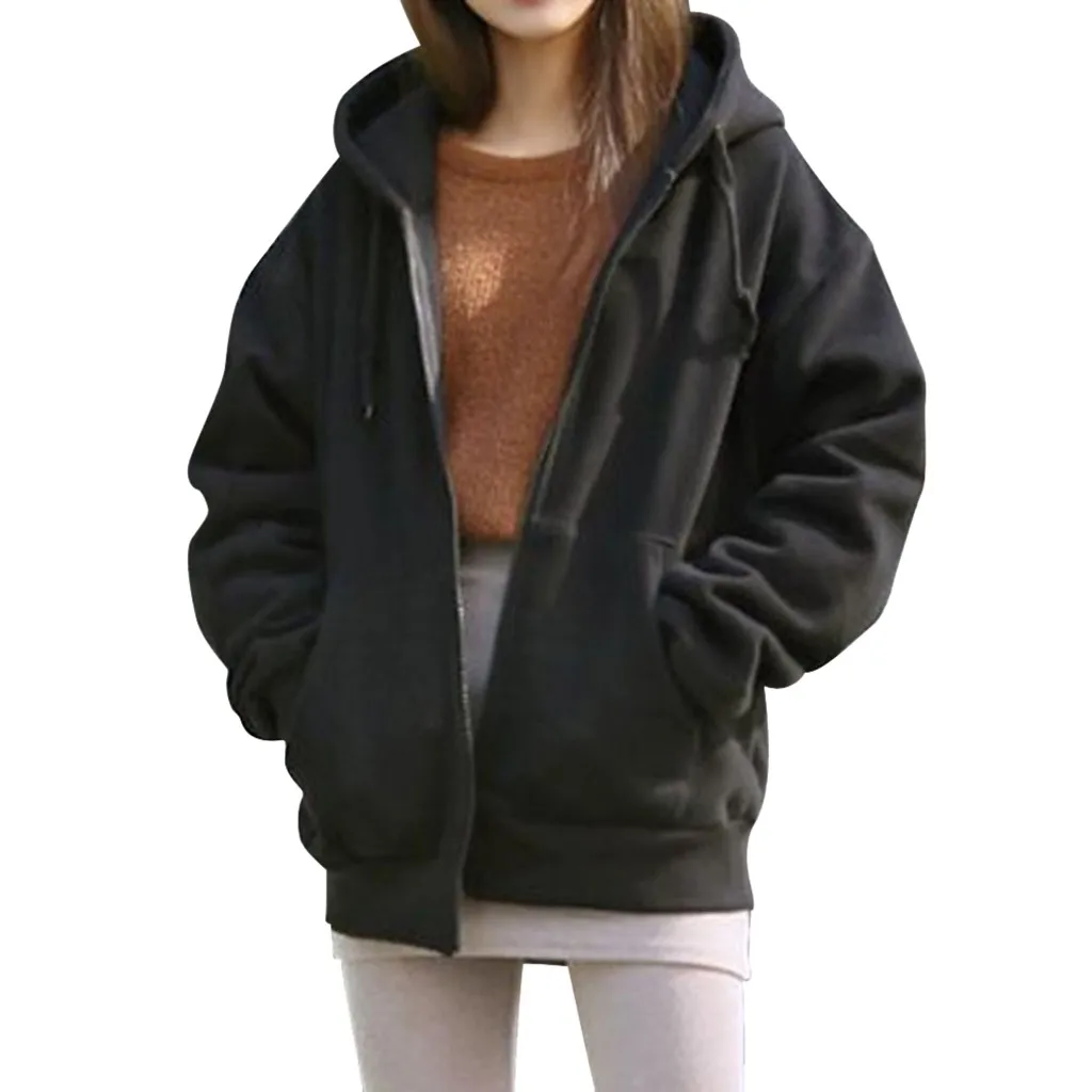 Korean Fashion Hoodies Women Solid Color Zip Up Pocket Oversized Sweatshirts Female Long Sleeve Hooded Jacket Coat Pink Зип Худи