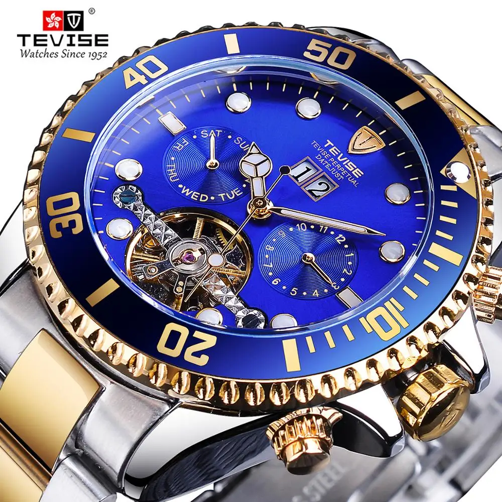 TEVISE Tourbillion Calendar Design Blue Golden Royal Navy Mens orologio automatico di marca Top Luxury Mechanical Hour maschio impermeabile