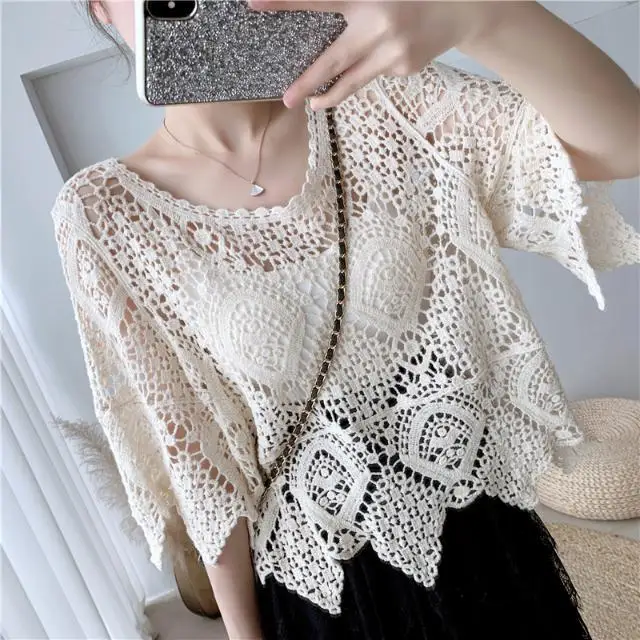 Shawl hollow knit sweater thin style literary pullover blouse women\'s air-conditioning shirt top pullover