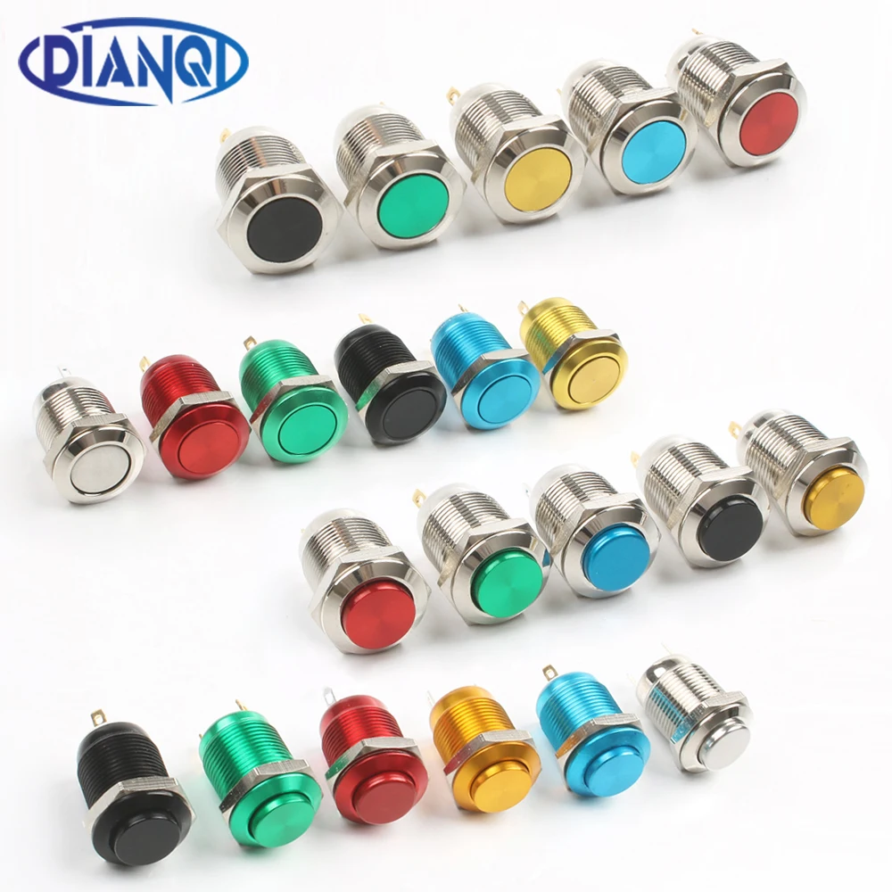 12mm Metal Push Button Switch Flat Round Waterproof Momentary Reset 1NO High Head Multiple Color Car Start Horn Speaker Bell