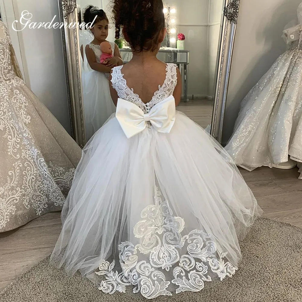 Cocomylody – robe de bal bouffante en Tulle et dentelle, tenue princesse à manches longues, effet d'illusion, pour fête de mariage et première Communion