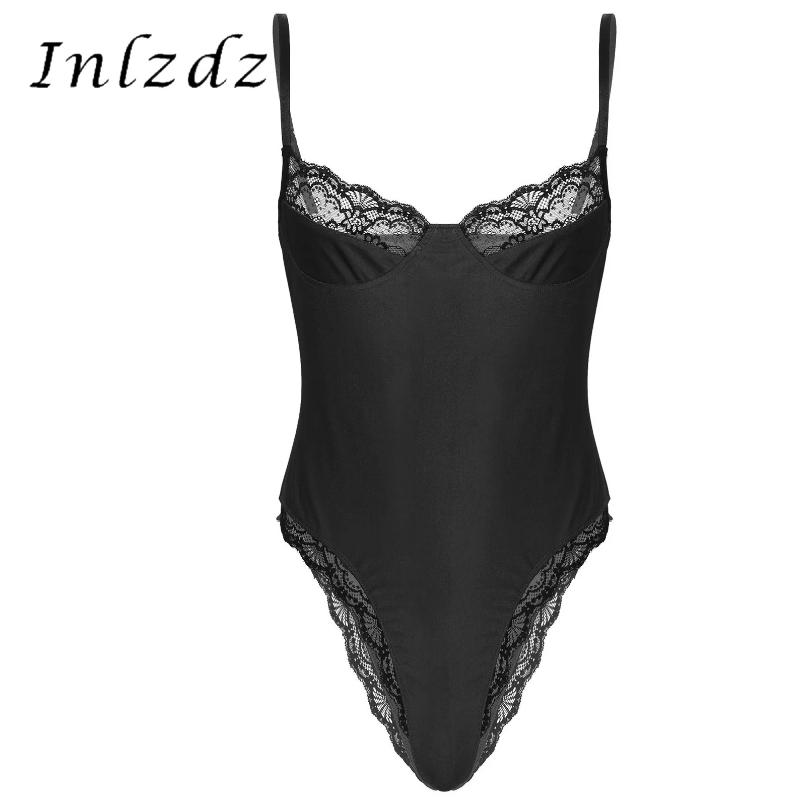 

Mens Lingerie Sissy Bodycon Bodysuit Adjustable Spaghetti Strap Unlined Wireless Lace Trimming Bra Leotard Bodysuit Underwear