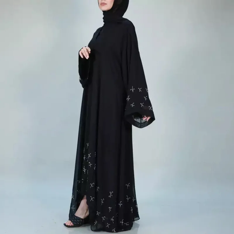 Hand made Hot drilling beading muslim peignoir Robes syari Dubai Fashion female full length Abaya Muslim Dress with belt WY152