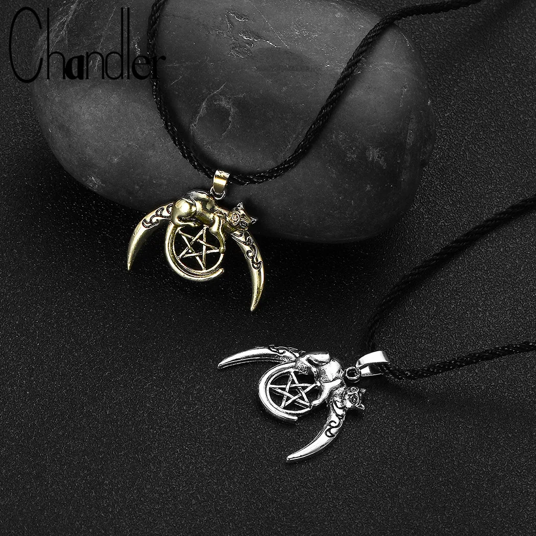 Chandler Cute Moon Cat Pentagram Necklace Unisex Pentacle Pendant Antique Bronze Plated metallic Handmade Dangle Lovers