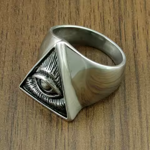 Free Shipping Punk 316L Stainless Steel Illuminati Pyramid Eye Symbol Biker Ring Silver Color Freemason Triangle Masonic Rings