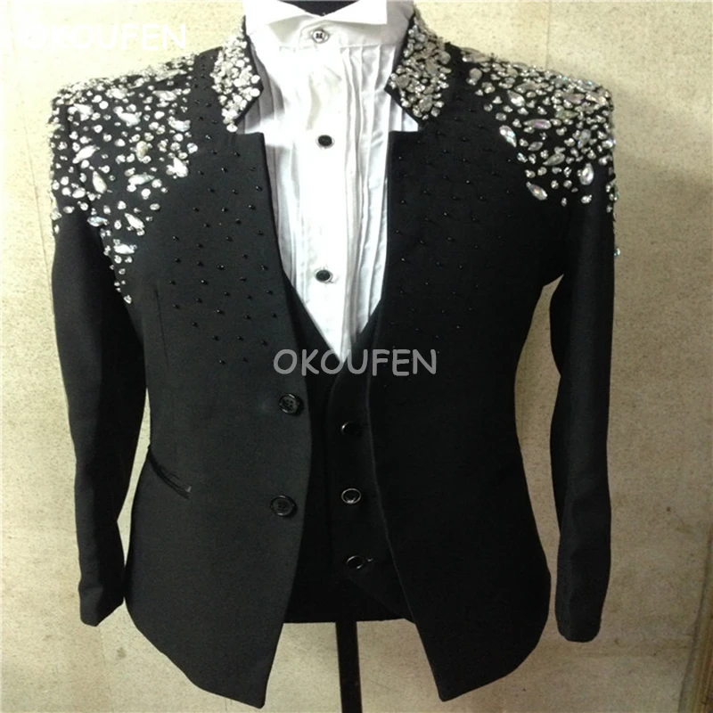 

Handmade Men's Black Rhinestone Sequins Suit Costumes Male Stage show Formal Dress Nightclub bar singer DJ Performance Coat