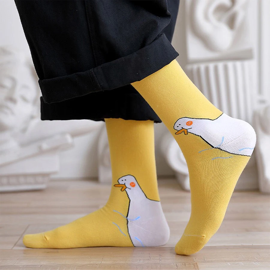 Funny Duck Pattern Woman Cotton Socks Patchwork Color Black White Orange Yellow Casual Harajuku Cute Kawaii Style 1 Pack