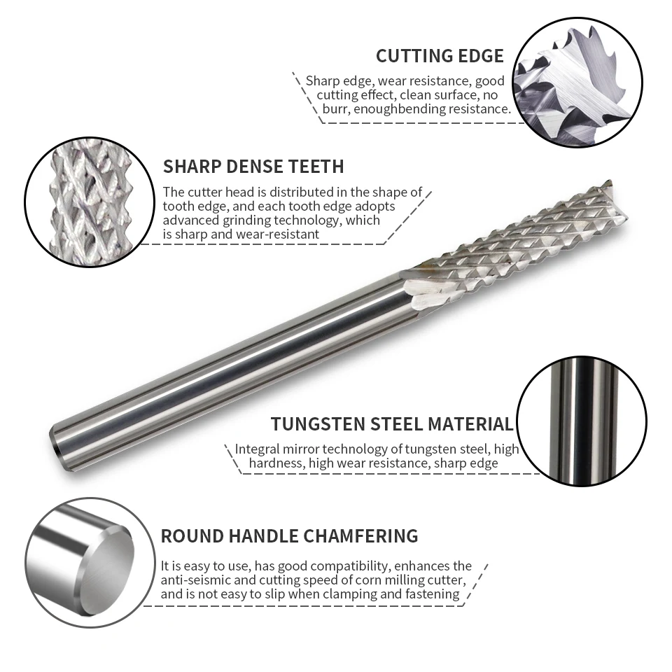 3.175/4/6mm Shank PCB Corn Teeth Milling Cutter Carbide Tungsten End Mill 2 Flutes Wood Router Bits CNC Cutting Tools For ABS MD