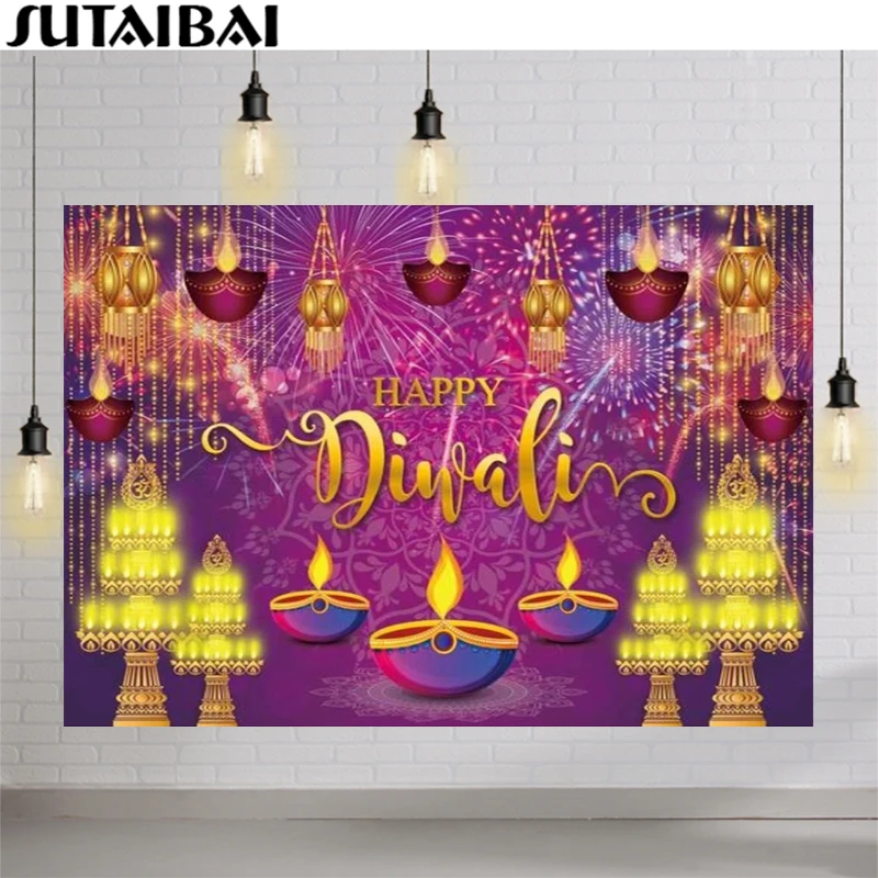 Happy Diwali Indian Holiday Candles Light Banner Celebration Fireworks Background Photography Prop Photozone Backdrop PhotoBooth