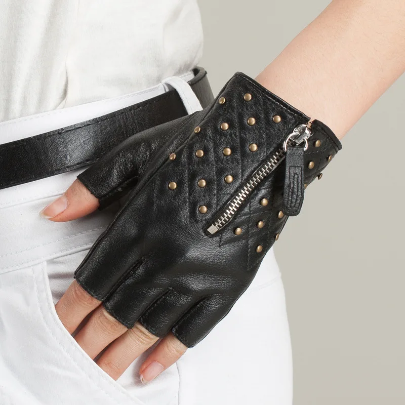 Real Leather Half Finger Gloves Female Fashion Personalized Rivet Zipper Sheepskin Gloves Male Unisex K086-5