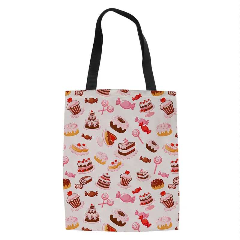 Women Reusable Shopping Bags Bulk Cartoon Candy Ice Cream Design Canvas Tote Bags Large Canvas Tote Bag for Ladies Bolsa Compra