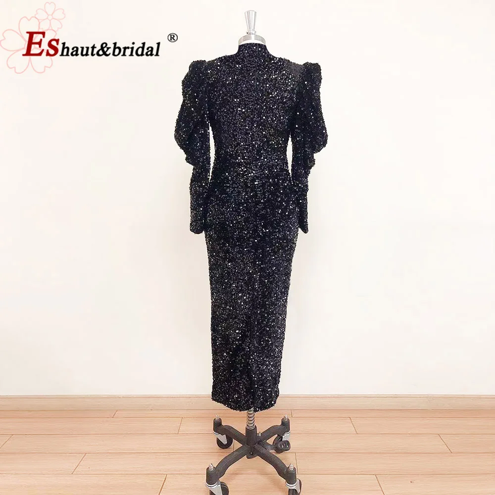 Elegante vestido de noche musulmán de cuello alto, mangas largas abullonadas, terciopelo de sirena, lentejuelas, largo hasta el té, boda, fiesta de graduación, 2023