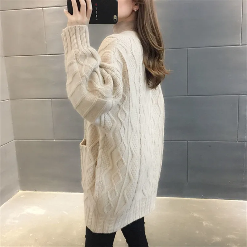 Autumn Winter Thick Warm Loose Long Cardigan Sweater Women Big Pocket Long Sleeve Knit Jacket Coat 6 Color Knitted Tops Female