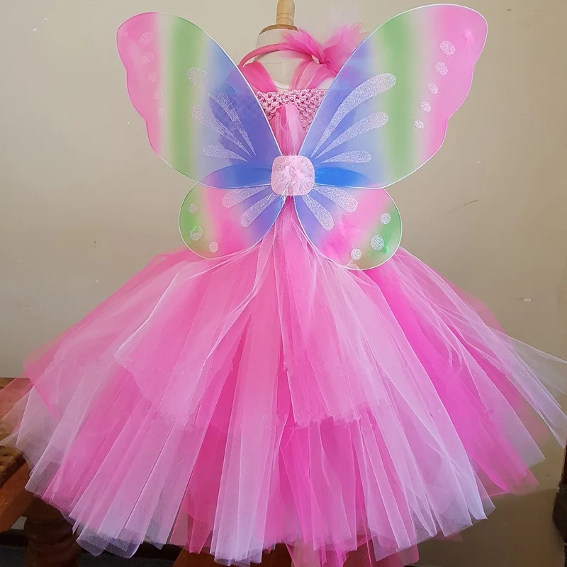 Girls Pink Flower Fairy Dress Kids Butterfly Wing Tutus Ball Gown with Hairbow Outfit Children Halloween Party Costume Dresses