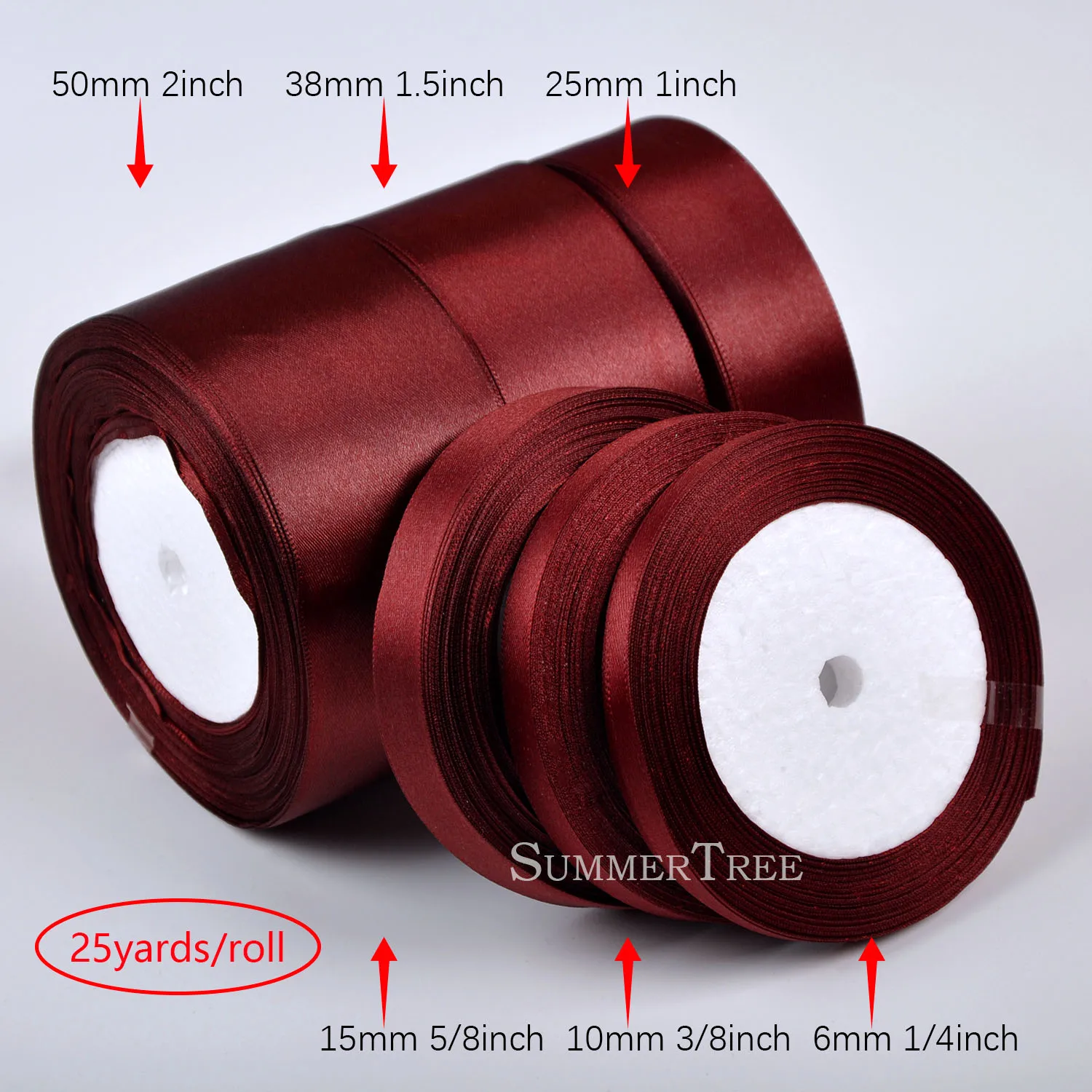 1 Roll Burgundy 25yards 6mm - 50mm Satin Ribbon Sash Gift Bow Handmade DIY Craft Wedding Party Supply Banquet Decoration