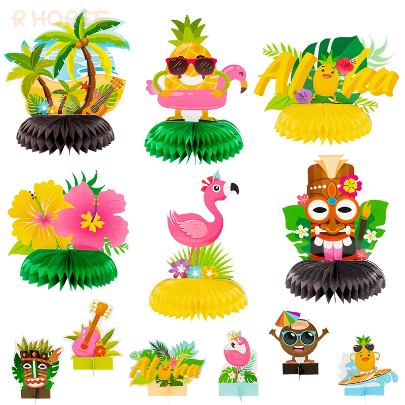 12Pcs Hawaiian Honeycomb Balls Centerpieces Table Topper Party Supplies Coconut Trees Pineapples Flamingo for Kids Birthday