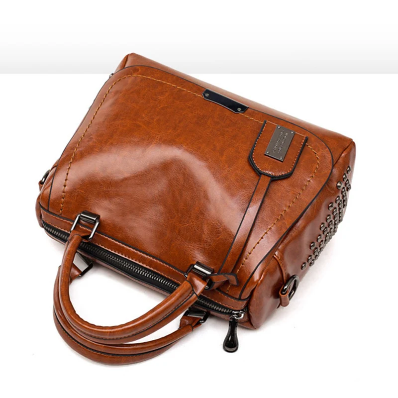 Fashion Oil Wax Leather tassel Women\'s Messenger bags Handbag Rivet Retro Brown PU Leather Lady Shoulder Crossbody bag 2023