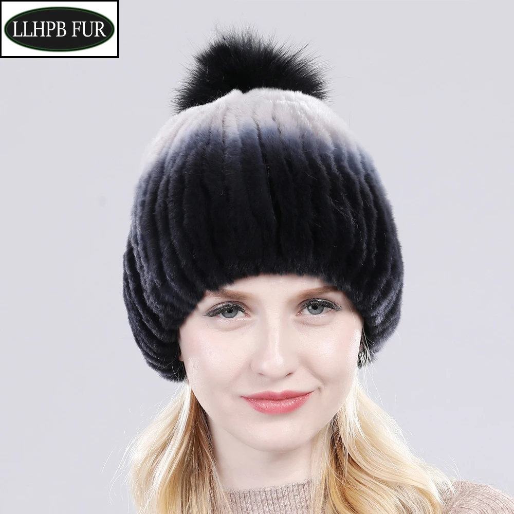 

Hot Sale Winter Lady Natural Rex Rabbit Fur Hats 100% Real Fur Cap Top Fox Fur Pompoms Women Warm Knit Real Rex Rabbit Fur Hat