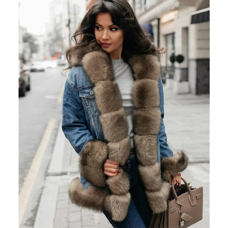 Tatyana Furclub Denim Parka Real Fur Coat Winter Jacket Women Real Natural Fox Fur Coat Thick Warm Fur Parka Real Fur Jacket