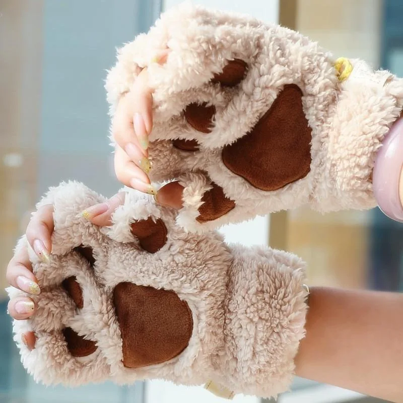 Women Cute Cat Claw Paw Plush Mittens Warm Soft Plush Short Fingerless Fluffy Bear Cat Gloves Costume Half Finger Black Gray