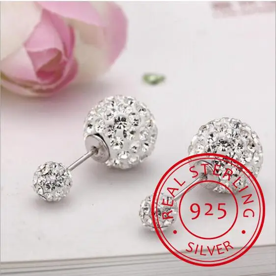 Noble Exquisite 925 Sterling Silver Personality Jewelry New Beautiful Crystal Two Balls Bright Female Earrings SE43