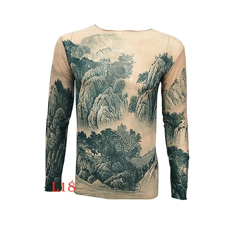 Fashion Men\'s Fake Tattoo T-shirts Long Sleeve Elastic Modal Thin All Over Print O-Neck Tattoo Shirts Women Halloween Clothing