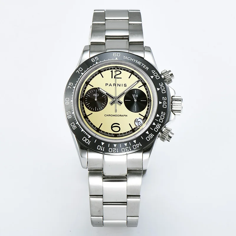 Parnis-Reloj de pulsera informal de acero inoxidable para hombre, cronógrafo de cuarzo, resistente al agua, cristal de zafiro, movimiento VK63, 39mm