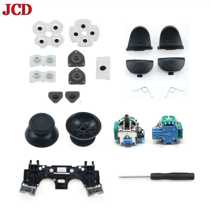 Für ps4 controller reparatur set l1 r1 l2 r2 trigger tasten 3d analoge joysticks daumen sticks kappe leitfähiger gummischrauben dreher kit