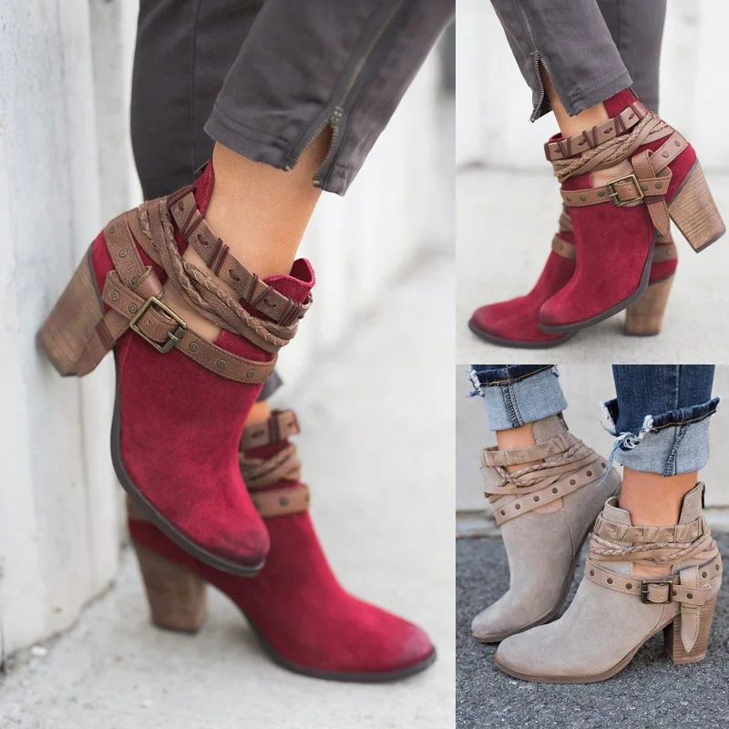 

Ankle Boots Plus Size Women Cut Out Retro High Heels Gladiator Block Heel Shoes For Female Flock Buckle Strap Short Botas Nice