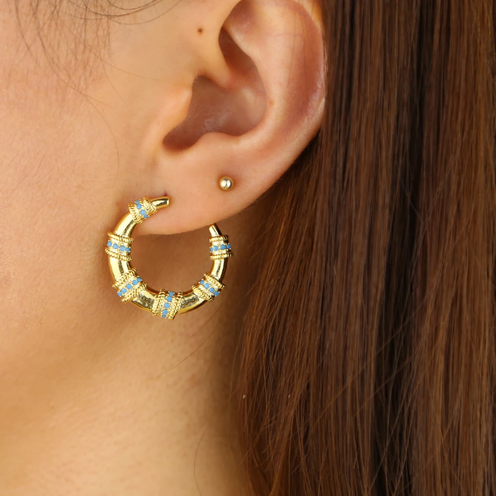 Gold color blue turquoises stone geometric round circle big horn crescent moon stud earring