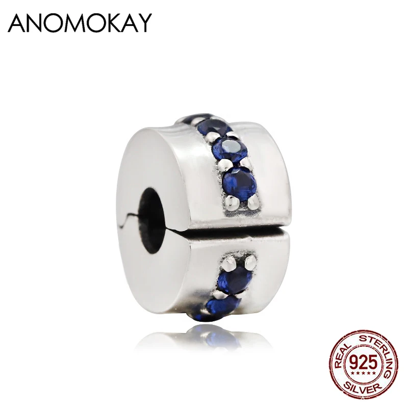 Anomokay New Sterling 925 Silver Locker Charm Pave with Dark Blue Crystal Fashion Silver Stopper Avoid Beads Fall Out