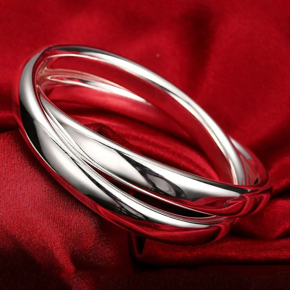 925 Sterling Silver Smooth Double Big Ring Diameter 7cm Bangle Bracelet Fashion Charm Woman Jewelry