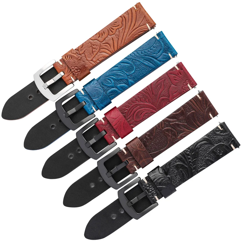 Embossing Leather Watch Straps 20mm 22mm Retro Watchbands Blue Brown Cowhide Wrist Bracelet For Smart Watch