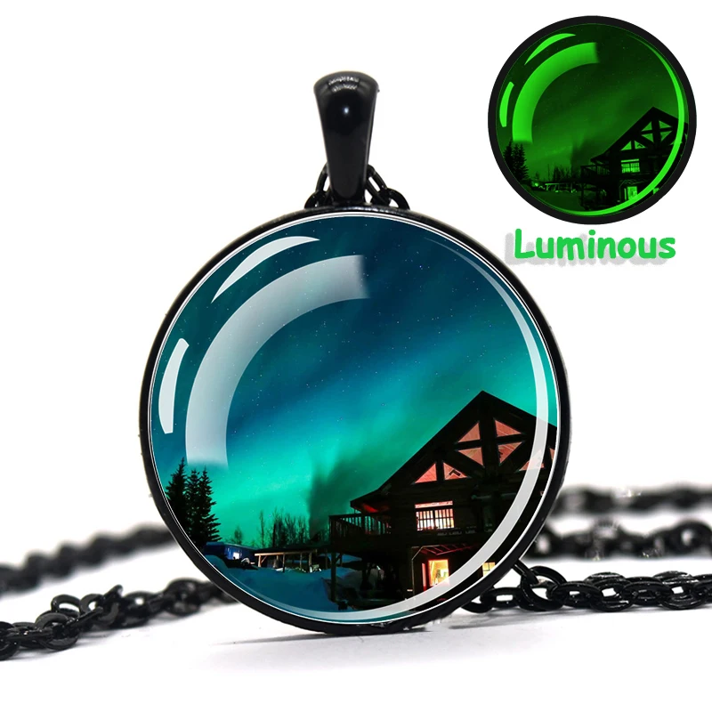 Esspoc الشمال أضواء صورة فنية قلادة مضيئة Steampunk الأسود سلاسل قلادة القلائد للنساء الرجال هالوين هدية