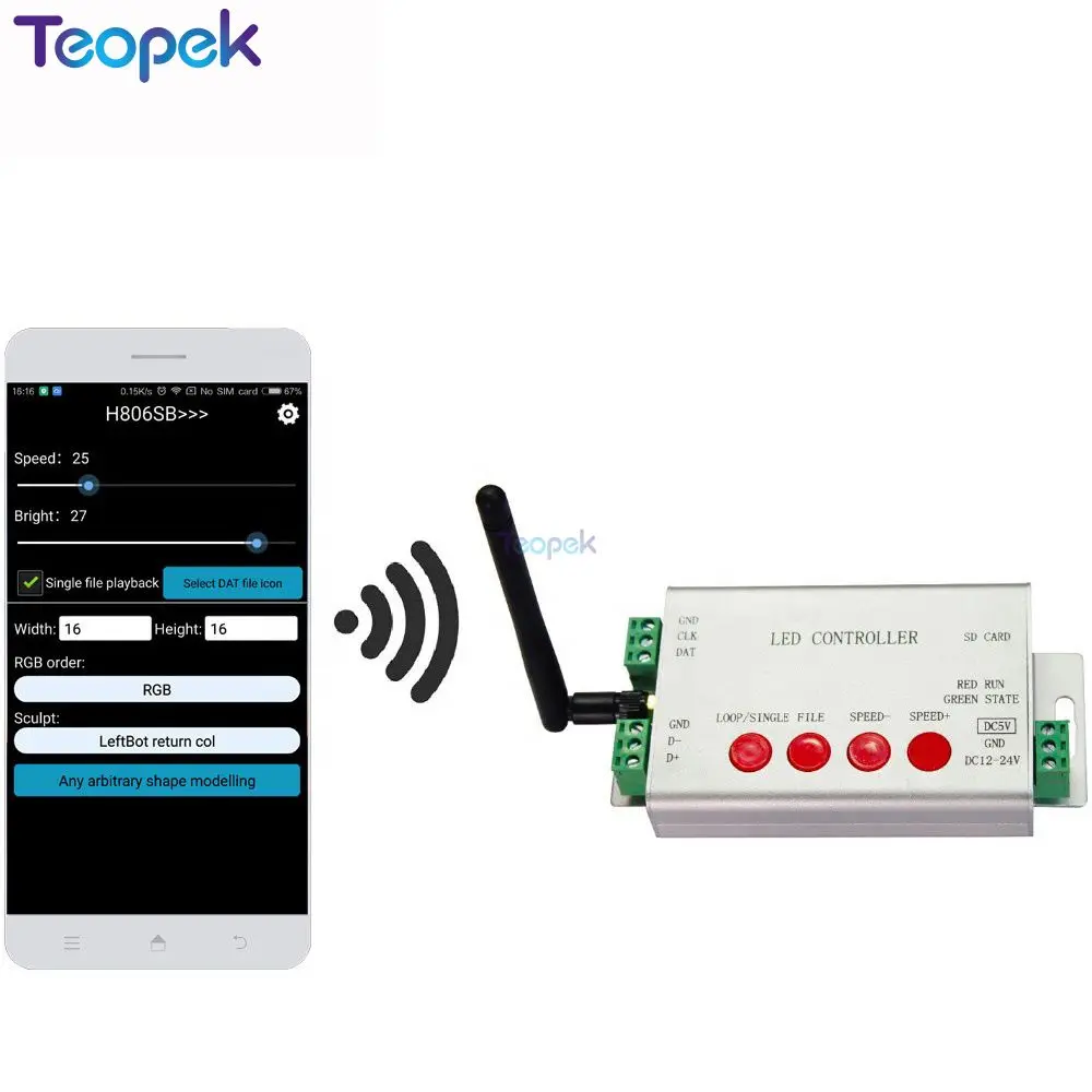 H806SB WIFI SPI Led Controller by Phone Via WLAN,1Port Control 2048 Pixels 5V~24V Support WS2811/WS2812B/SK6812/LPD8806/APA102