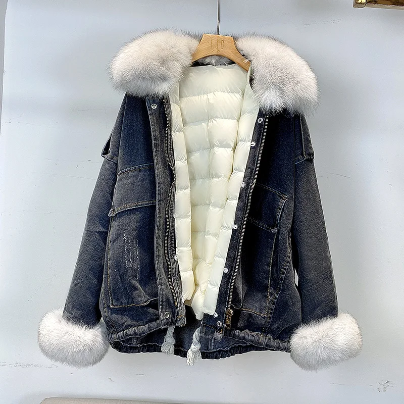 2021 inverno feminino forro quente destacável 90 pato branco para baixo casaco solto puffer parka real gola de pele de raposa + manguito de raposa