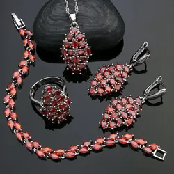 Sweet 925 Silver Bridal Jewelry Sets for Women Red Stone Cubic Zirconia Earrings/Pendant/Necklace/Ring/Bracelet