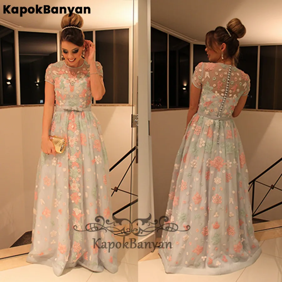 Kleurrijke Kant Applique Hals Korte Mouwen Prom Dress Lange Bloem Tulle Party Gown Voor Meisjes