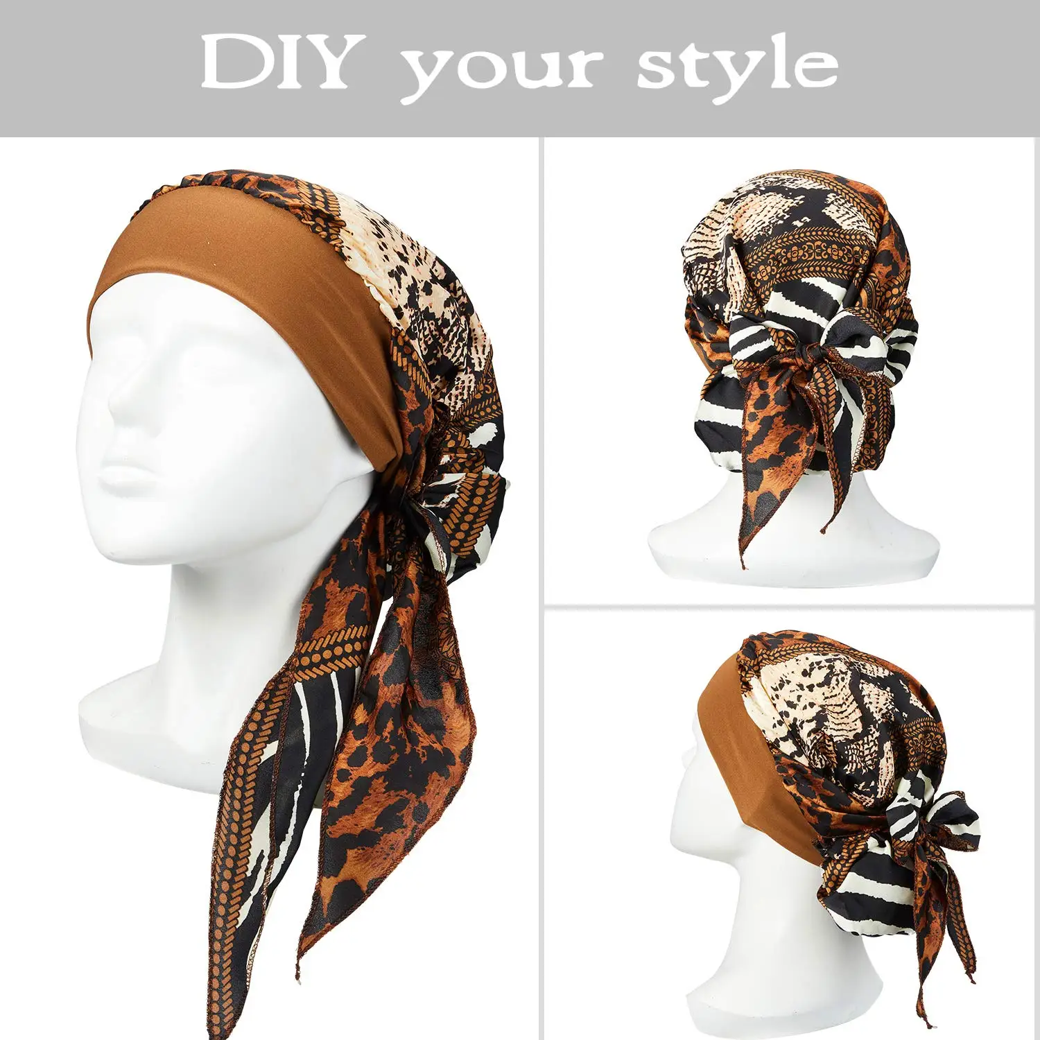 Muslim Women Headwear Turbans Silky Head Scarf With Wide Band Printed Sleeping Hat Hijab Bonnet Hair Cover Ready To Wear