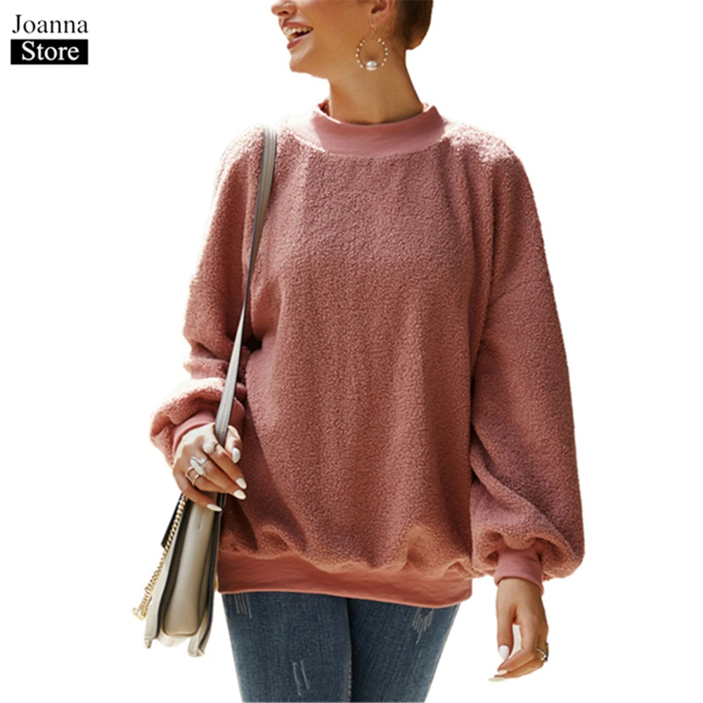 

Spring Short Hoodies Women O-Neck Long Sleeve Pockets Fluffy Teddy Loose Sweatshirts Autumn Black Plus Size Casual Wild Pullover