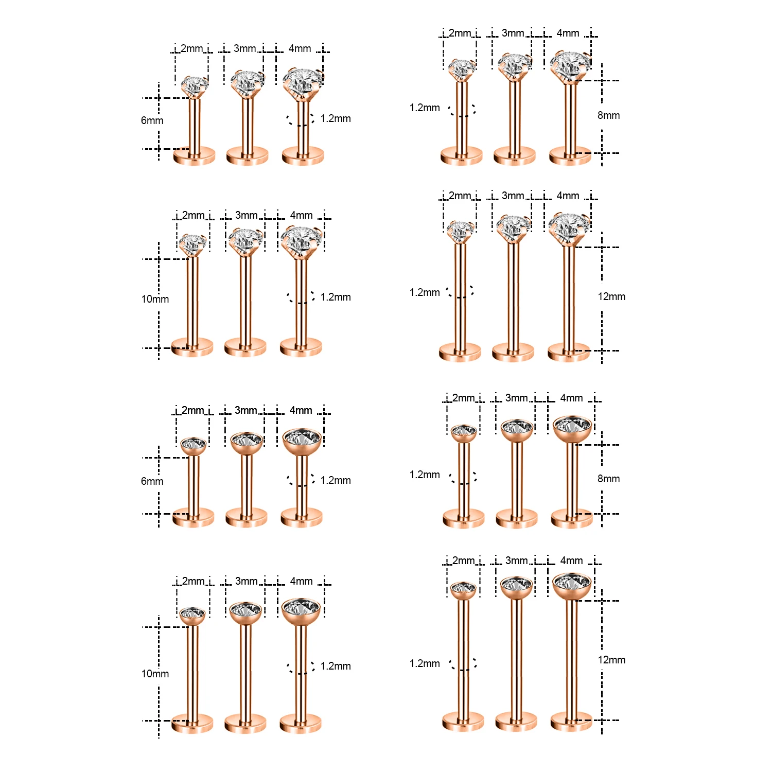 Zs 16g piercing labial de aço inoxidável, pino de haste para mulheres, piercing tragus de cristal em ouro rosa