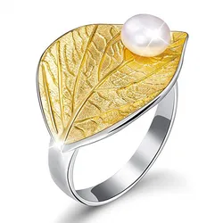 Lotus Fun Pearl Leaf Ring Fine Jewelry Creative Designer Open Rings for Women Bijoux Gemstones Fine Jewelry Adjustable