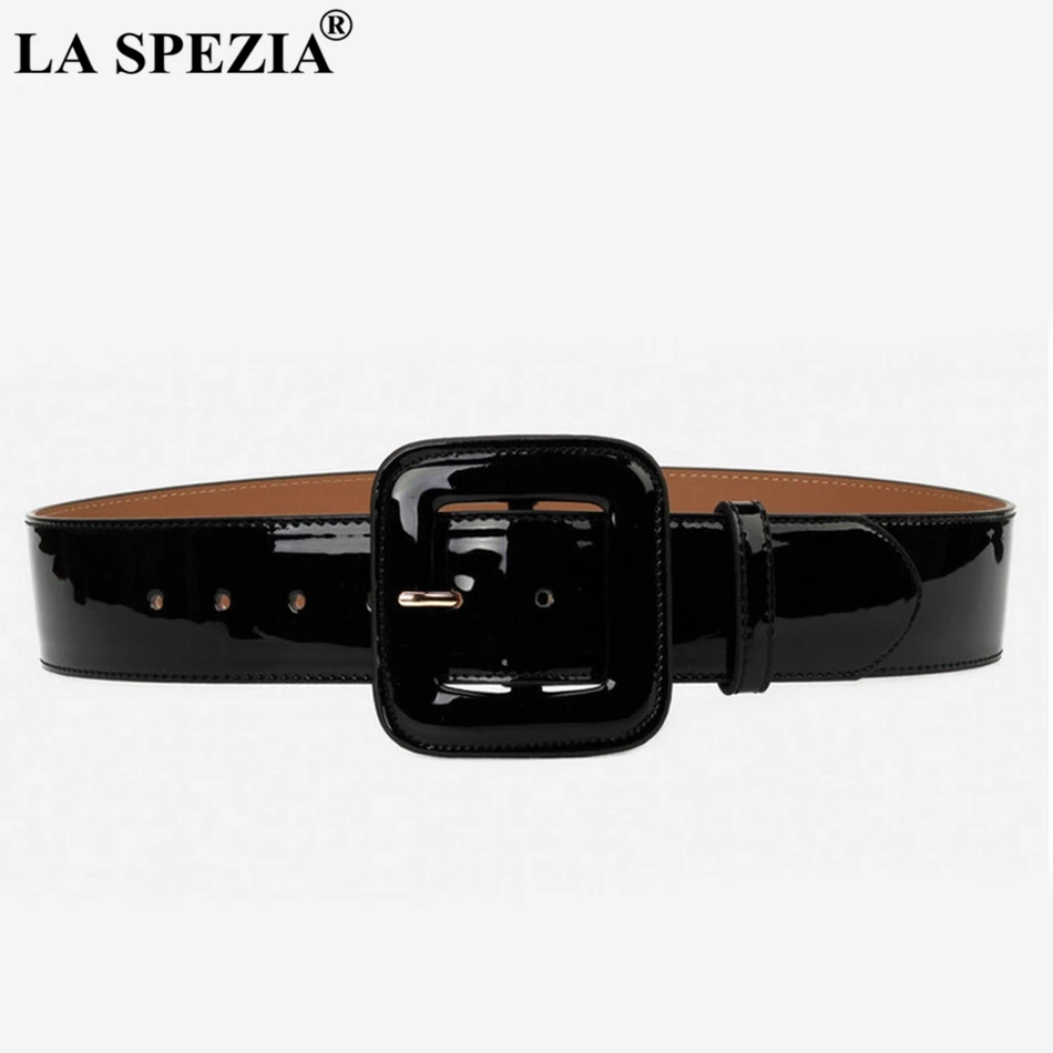 Women Belt Wide Ladies Belts Black Patent Leather Belt Women Genuine Leather Cowhide Fashion Big Buckle Square Belt For Dresses