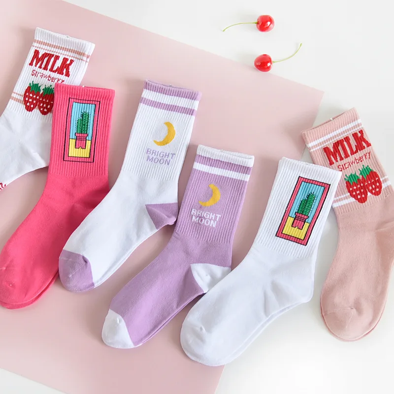 Women's Socks Japanese Cotton Colorful Cartoon Cute Funny Happy kawaii Moon strawberry cactus Socks for Girl